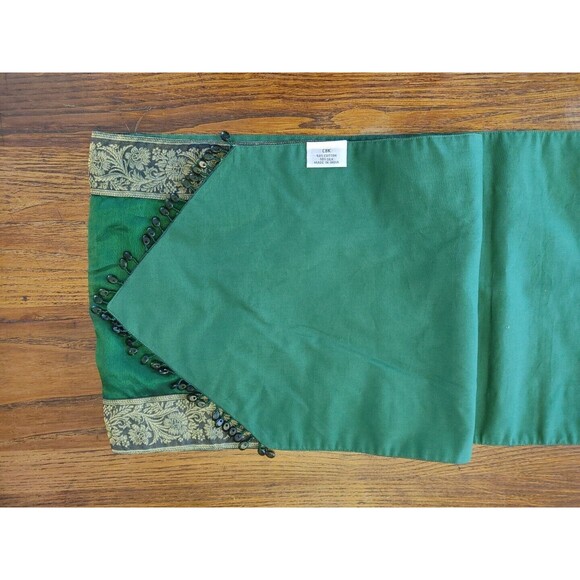 CPK Brand Cotton & Silk Blend Table Runner Green/Gold & Glass Beads 70x14" - Picture 6 of 6